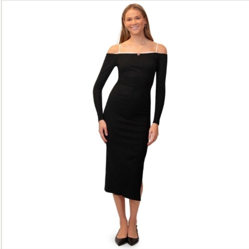 Madden Girl Off The Shoulder Lace Trim Midi Dress (Color: Black), Sz M